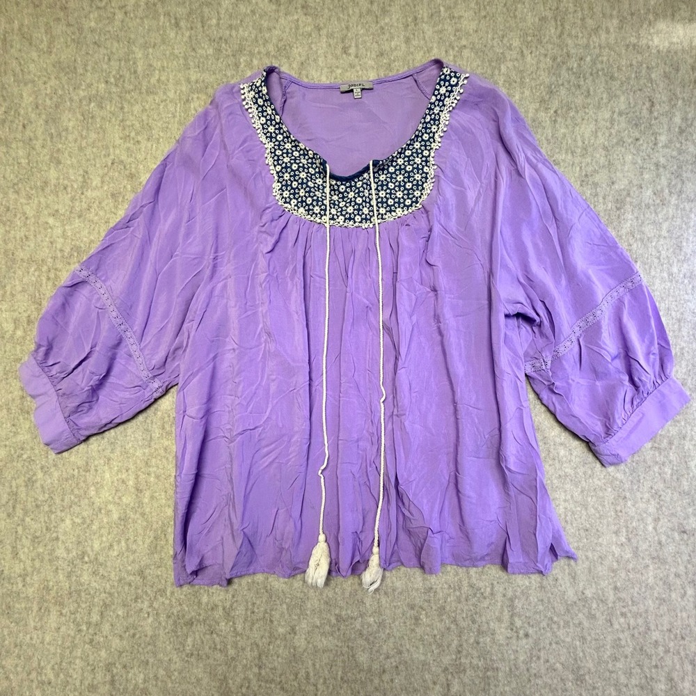 JODIFL Womens Purple Tassel Neckline Eyelet Embroidered Boho Blouse Top Size L